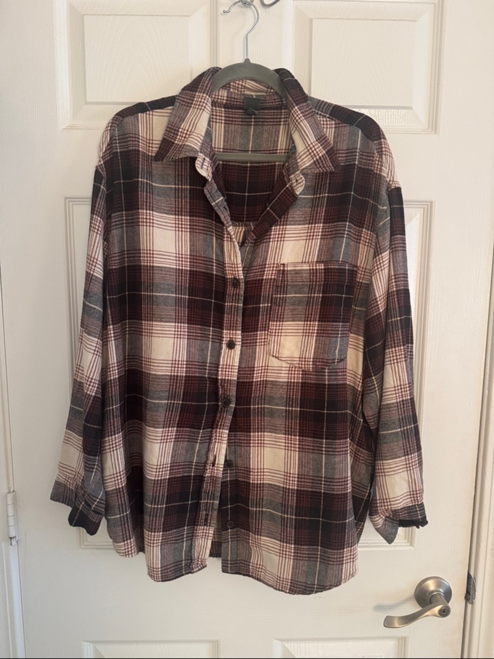 wild fable women’s Plaid Button-Down Shirt - Burgundy, Cream & Gray